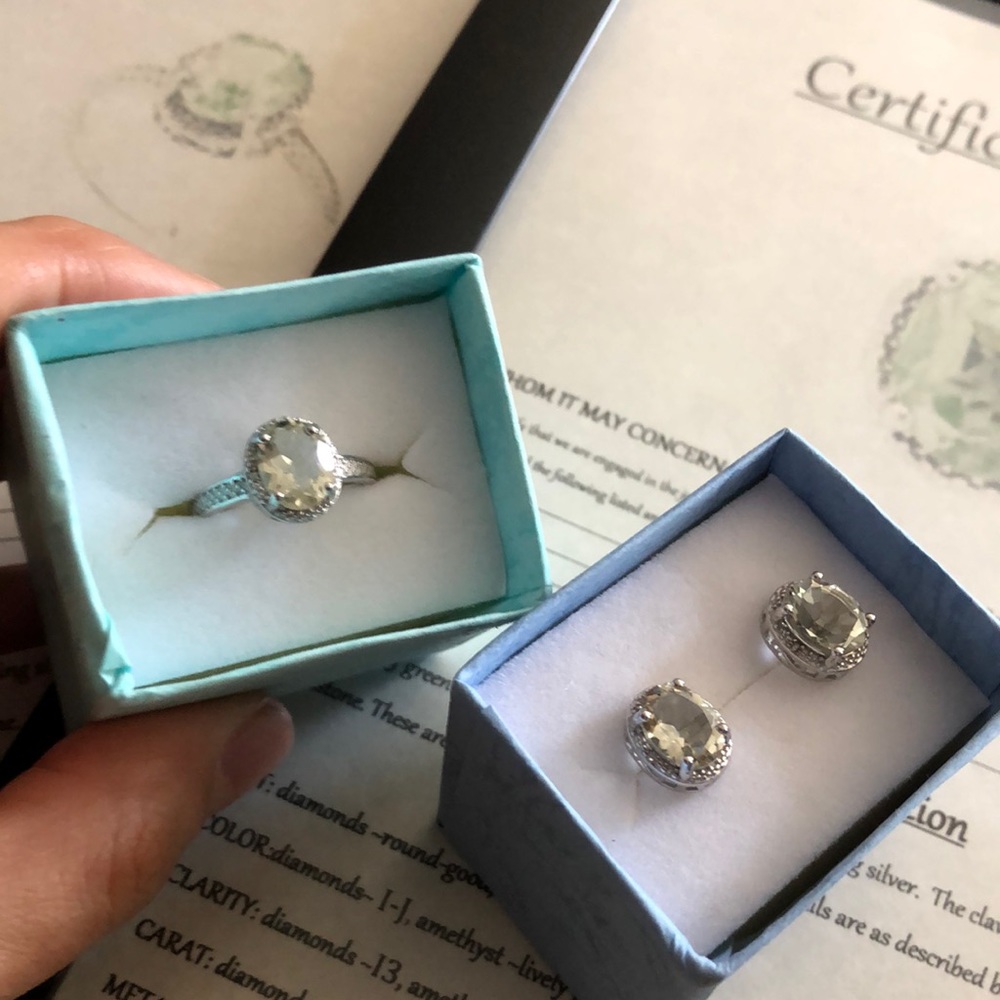Sterling Set Green Amethyst Earrings & Ring - Picture 1 of 13